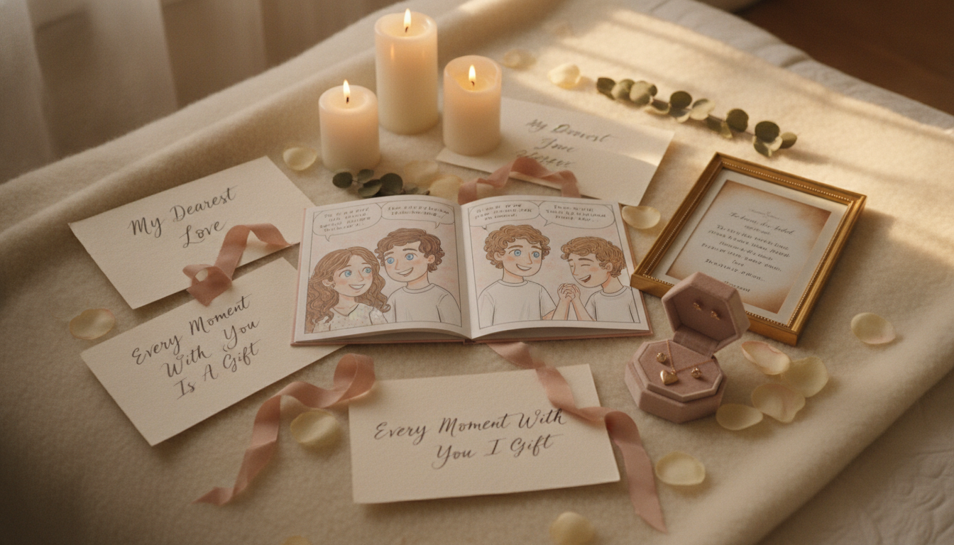 Romantic and sentimental gift ideas for a wife including a personalized comic book, handwritten love notes, framed vows, candles, and elegant keepsakes
