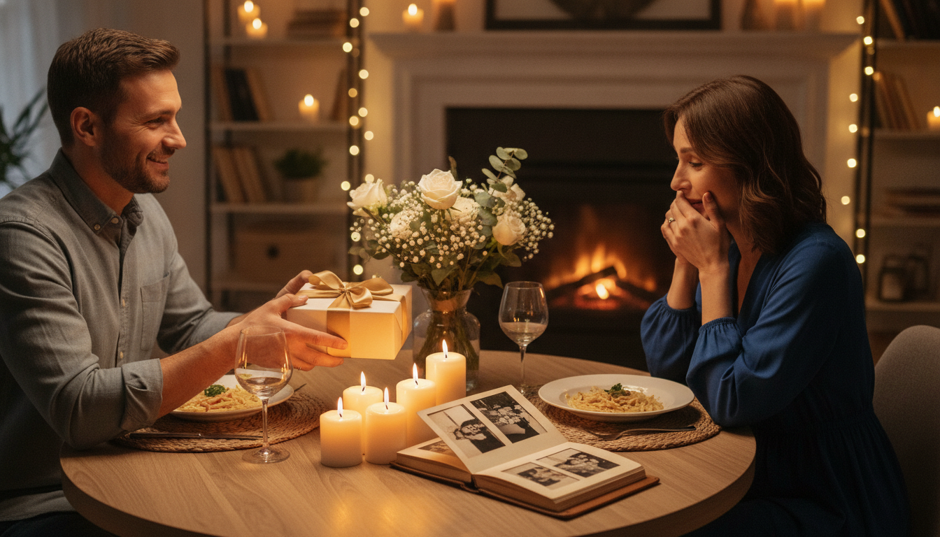 Anniversary gift moment with a husband presenting his wife a meaningful keepsake during a candlelit dinner at home with flowers and a photo album