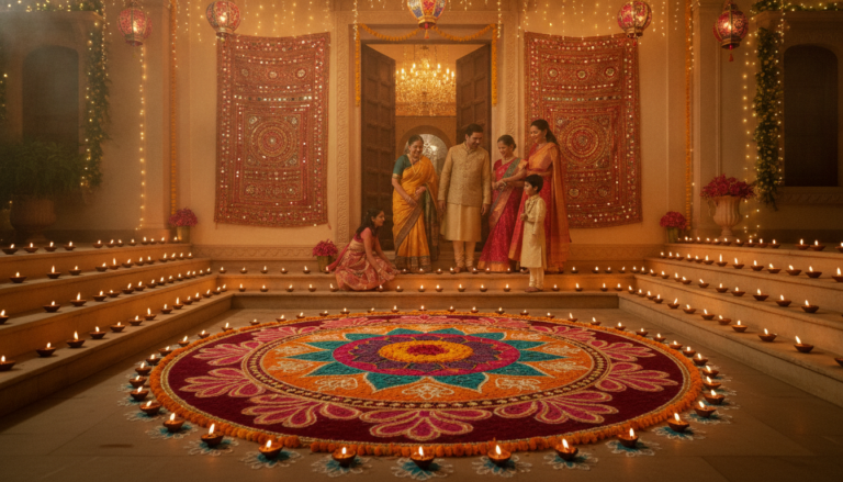 Rows of glowing diyas beside a colorful rangoli at a decorated home entrance during Diwali