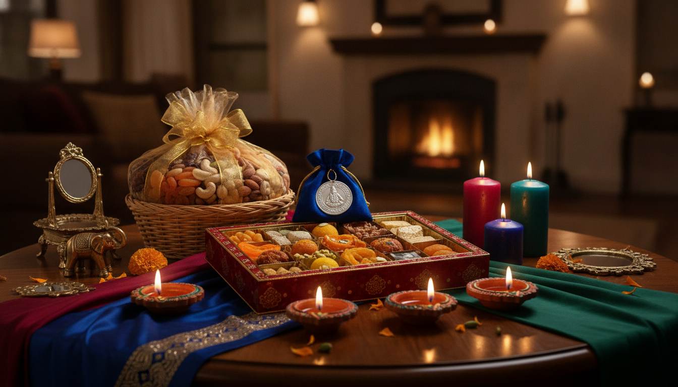 Festive Diwali gift arrangement with sweets, dry fruits, silver coin presentation, diyas, and elegant home decor