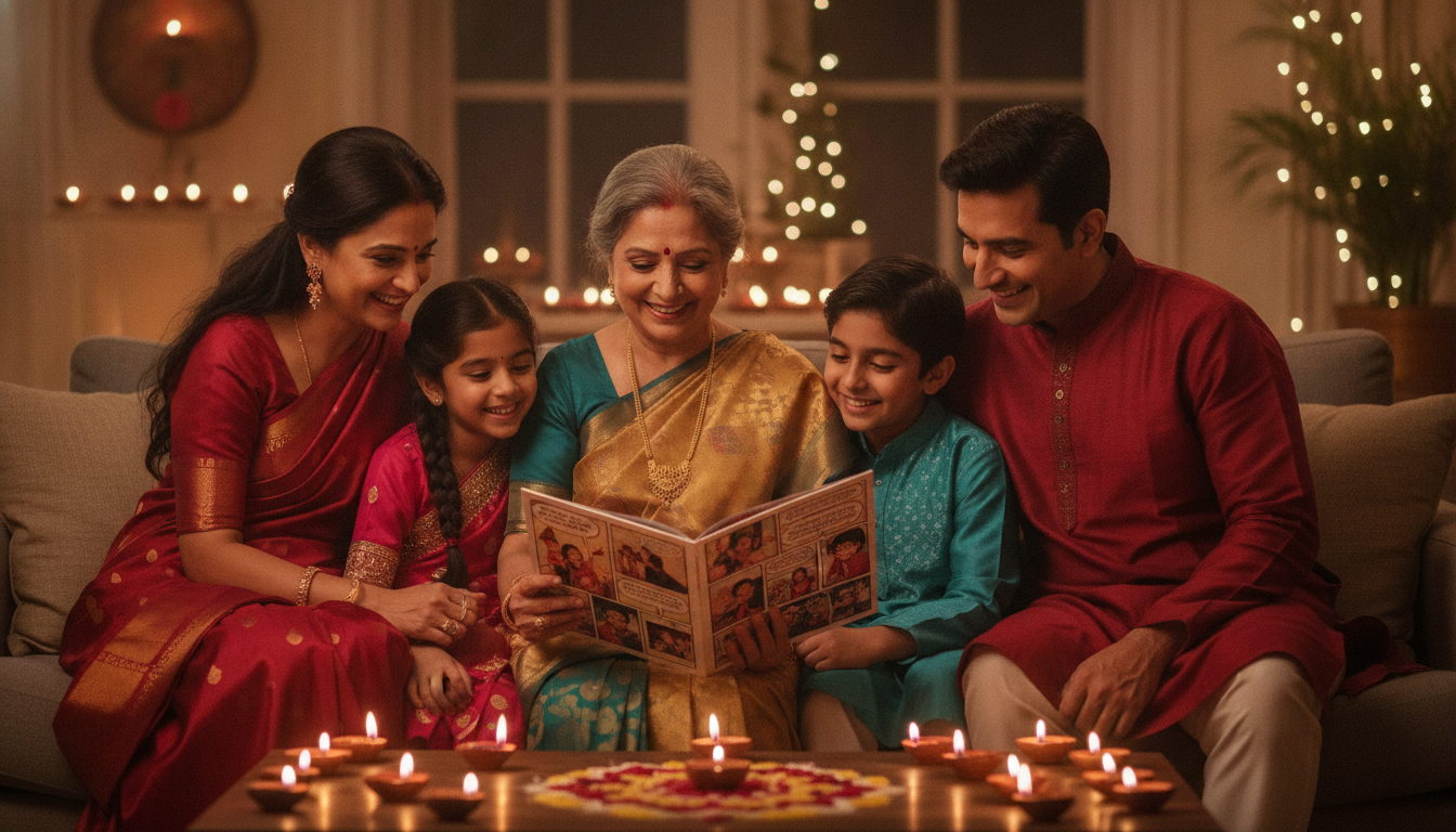 Multigenerational family in festive clothing looking through a personalized comic together at home during Diwali