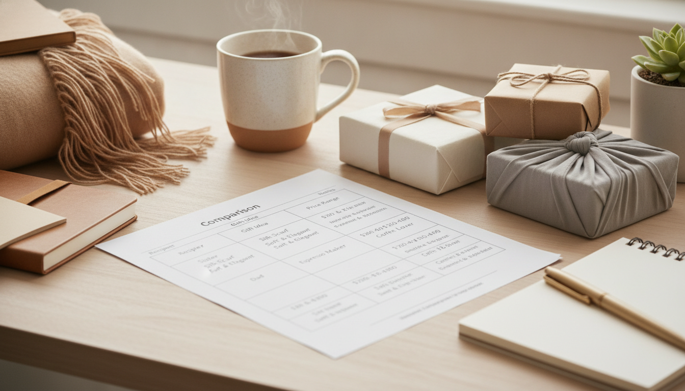 Tabletop arrangement of personalized gifts for a brother including custom keepsakes, engraved items, framed photos, and gift tags in warm natural light