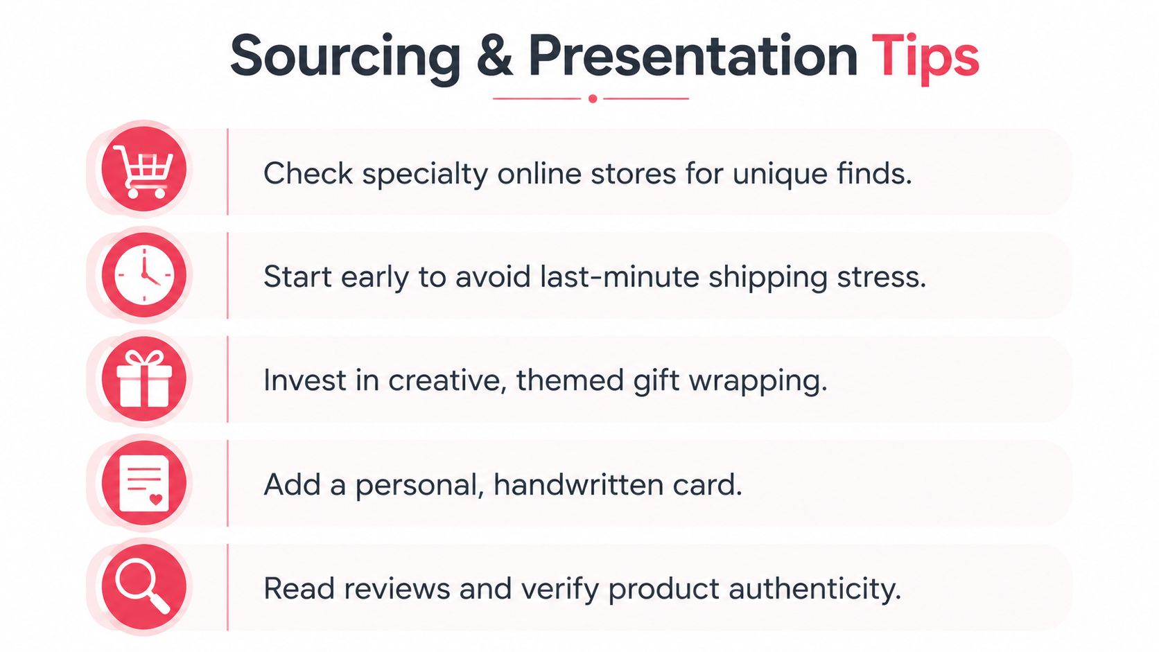 A list of five essential tips for sourcing and presenting unique gifts to friends and family.