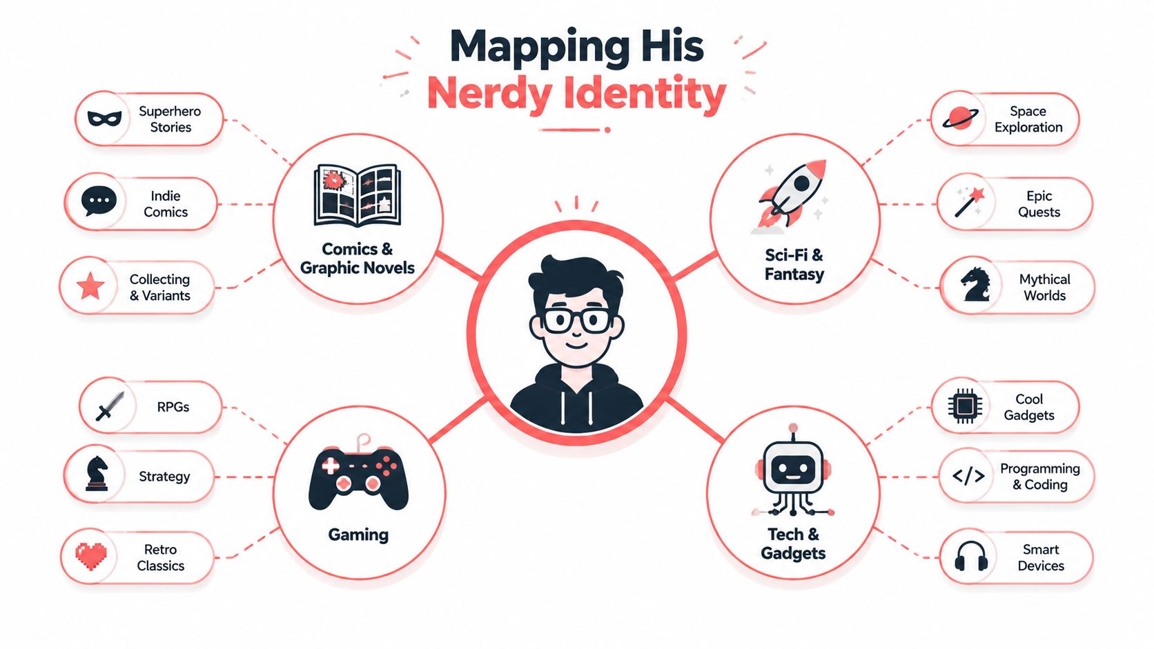An infographic titled Mapping His Nerdy Identity displaying icons for comics, gaming, sci-fi, and tech interests.