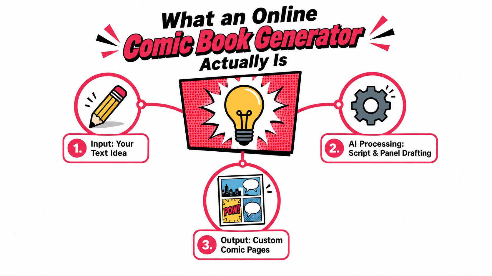 A simple infographic explaining the process of an online comic book generator from text input to output.