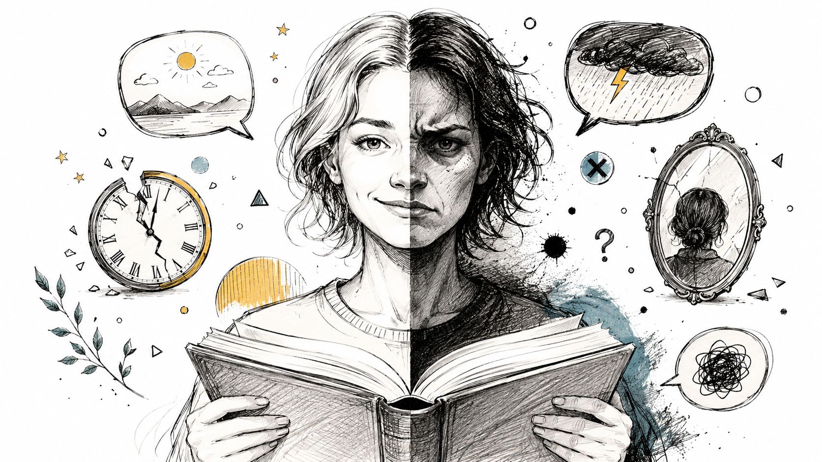 A split portrait illustration depicting a woman with dual emotions of happiness and sadness while reading.