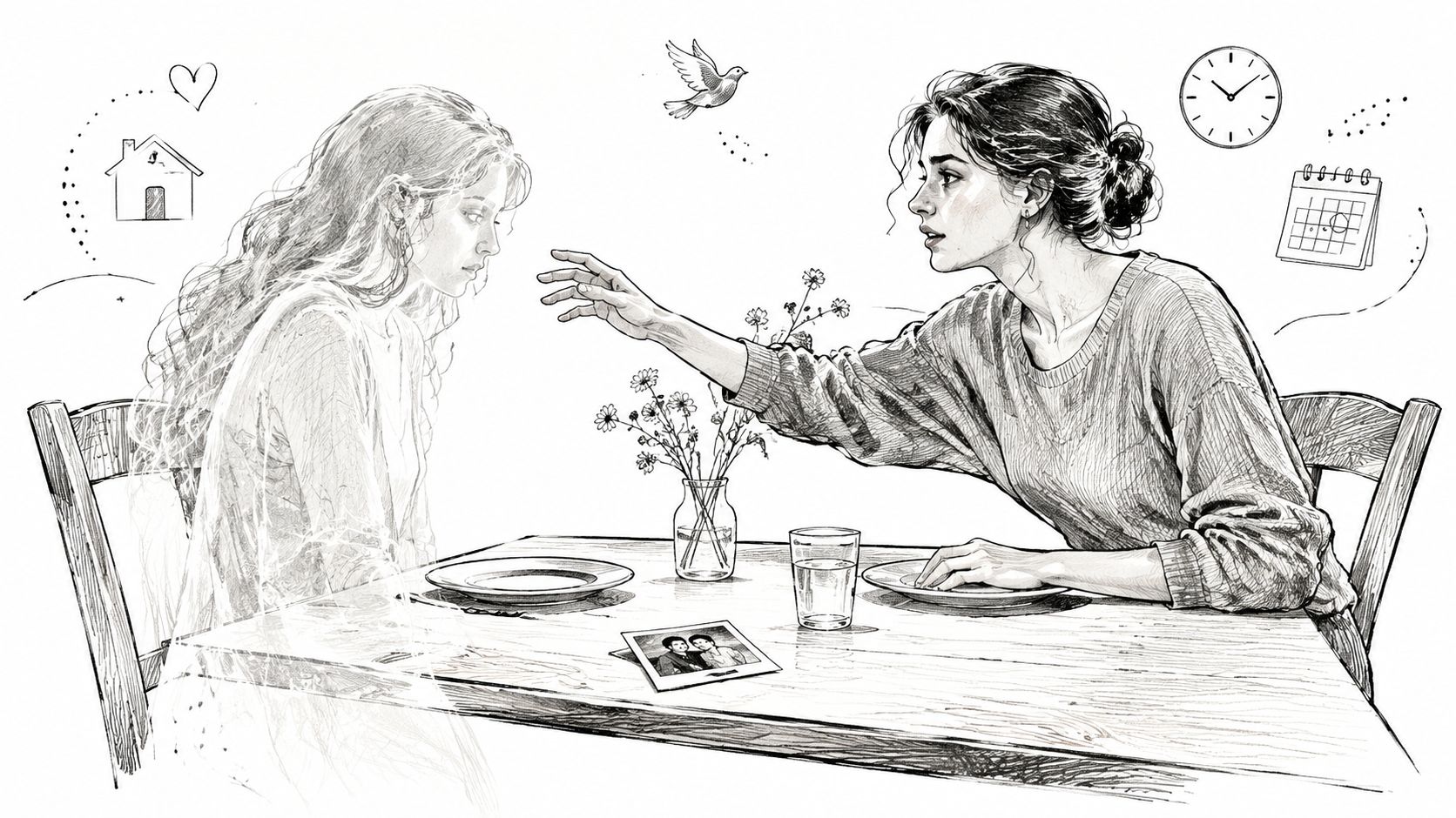 A pencil sketch of a woman reaching out to a translucent, ghost-like version of herself at a table.