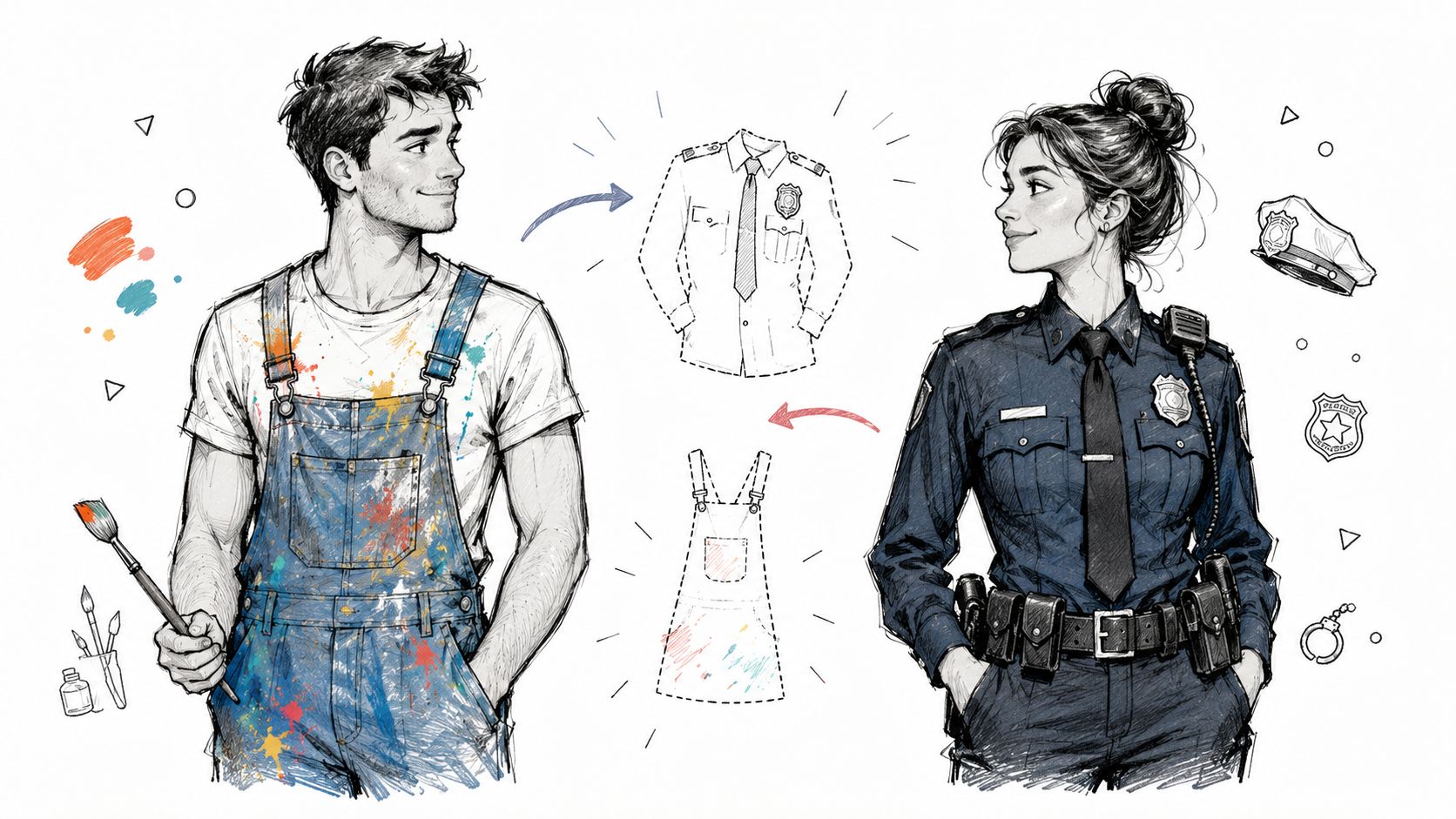A creative illustration showing a male artist and a female police officer swapping their professional outfits.