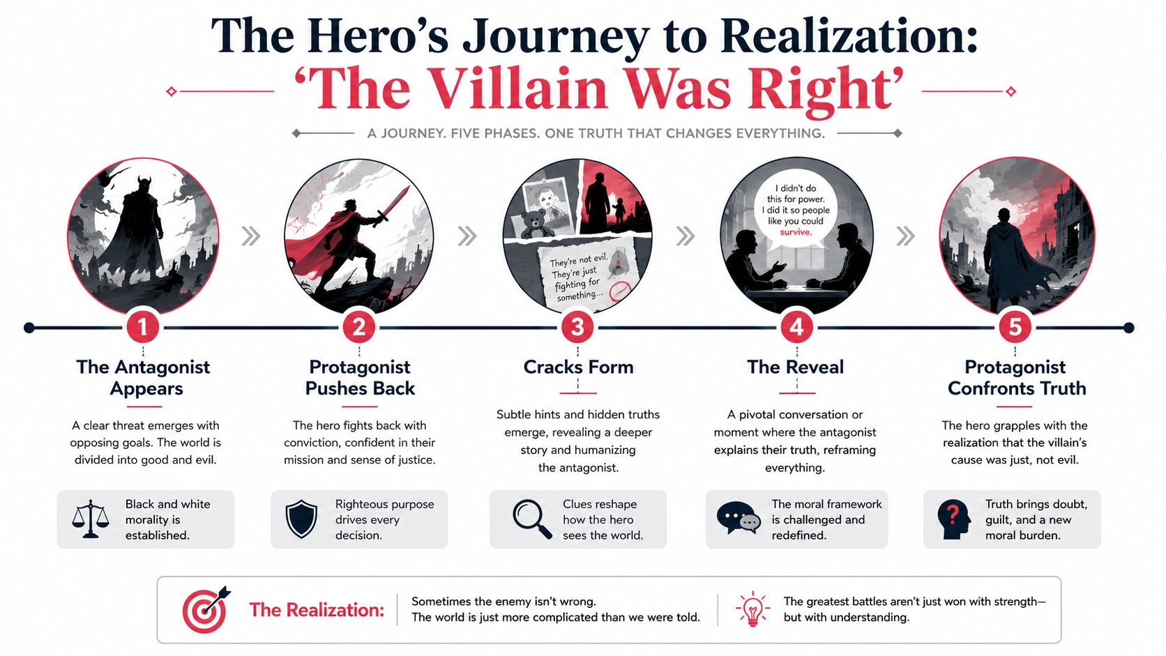 An infographic showing the five phases of a hero's journey when realizing the villain was right.