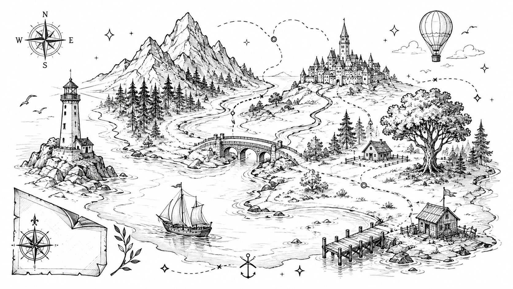 A hand-drawn fantasy treasure map featuring a castle, lighthouse, sailing ship, mountains, and a compass rose.