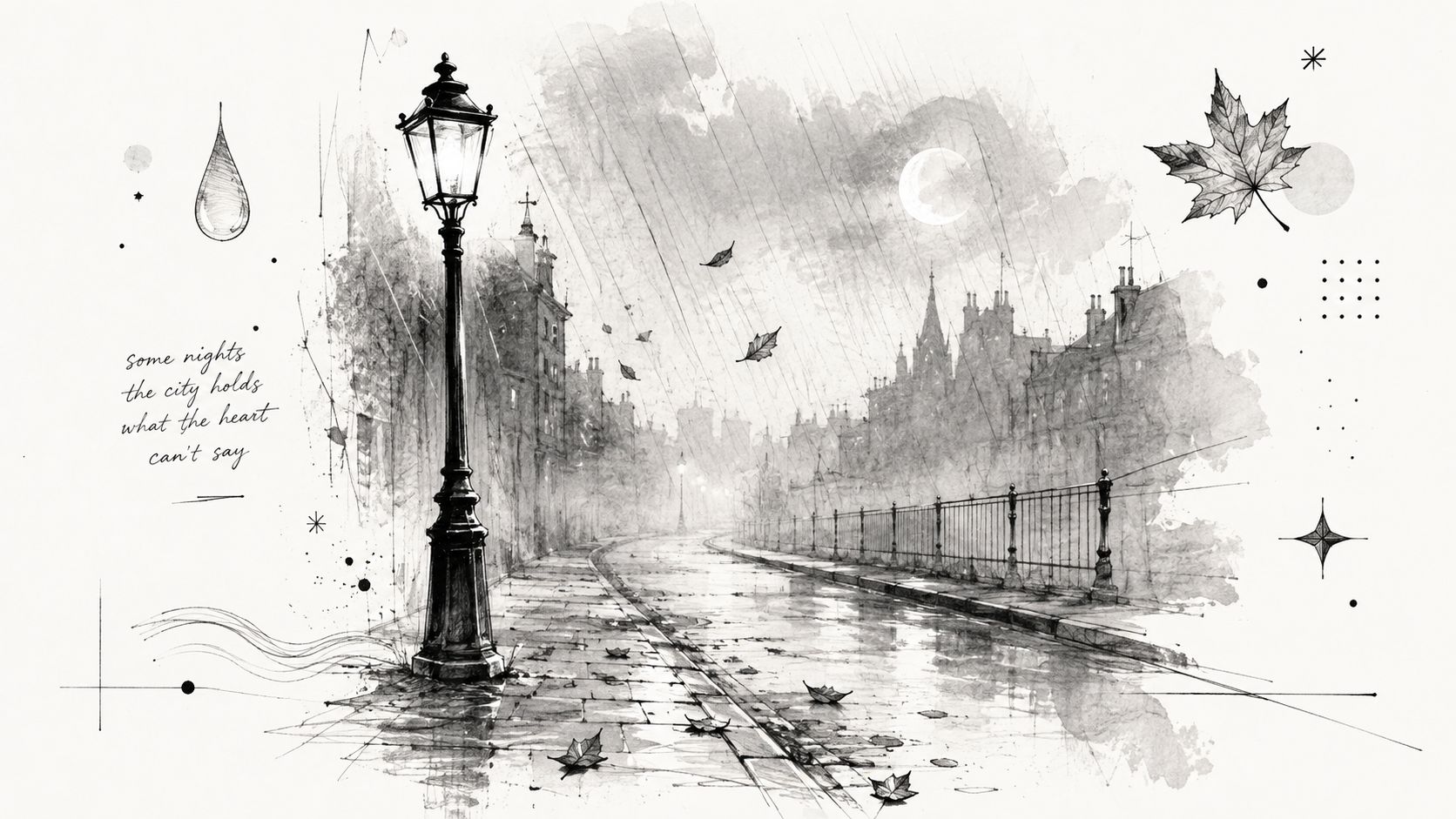 A charcoal sketch of a rainy city street at night with a glowing vintage street lamp.