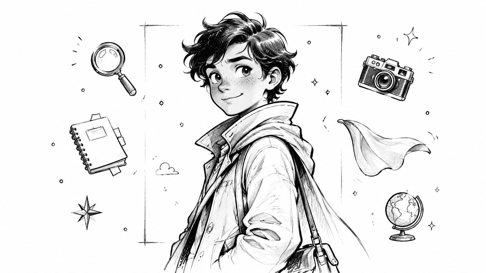 A black and white line art illustration of a curious young boy surrounded by adventure exploration items.