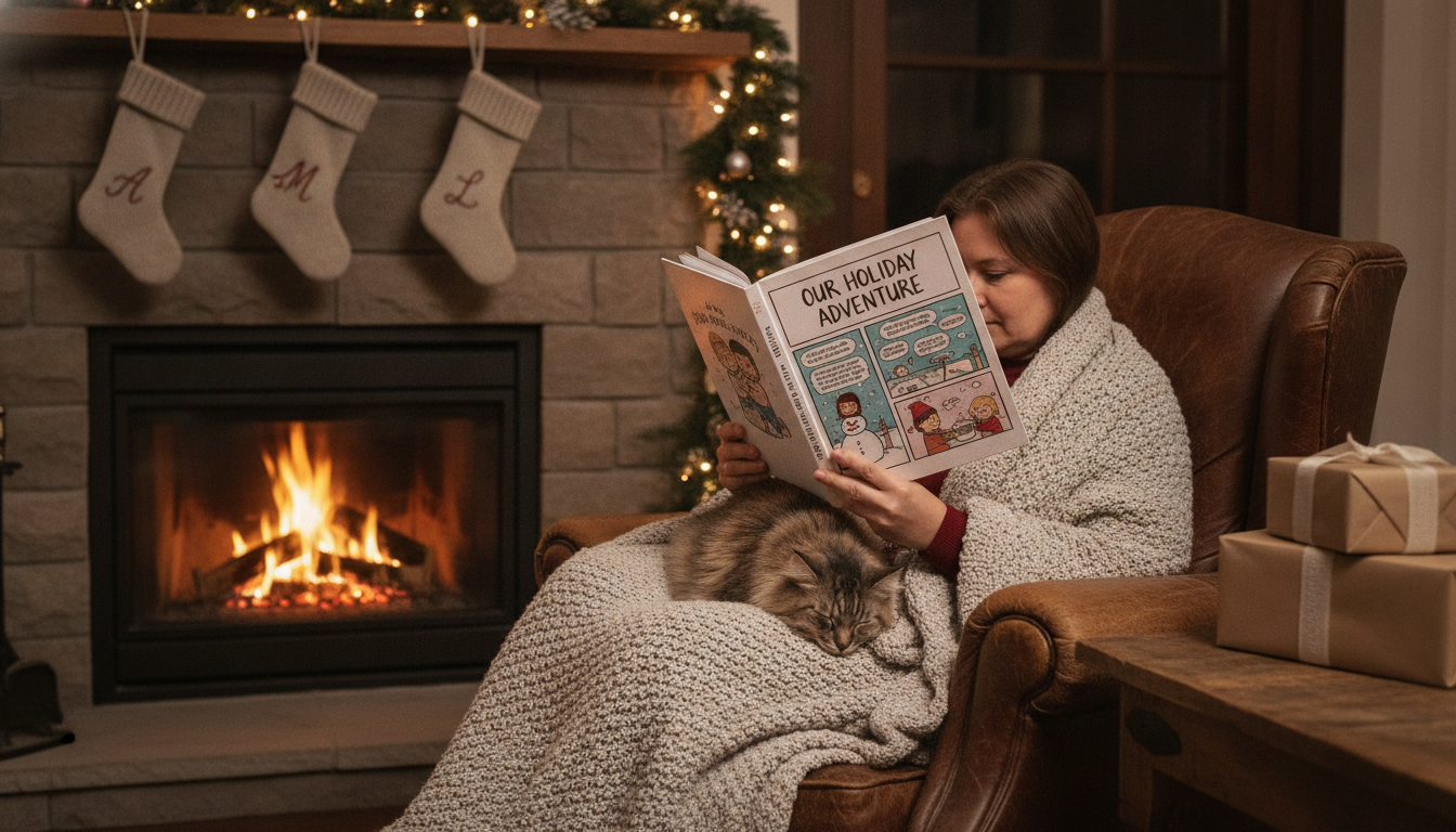 Person reading a comic book by a fireplace with holiday decorations nearby.