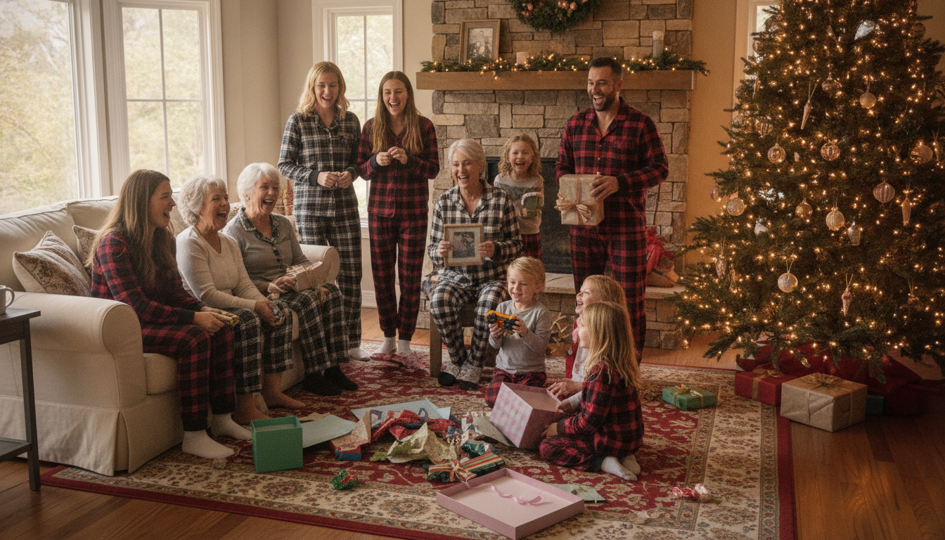 Family opening gifts together on Christmas morning in a bright cozy living room.