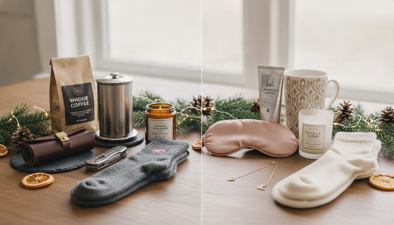 Curated adult stocking stuffer gifts including key organizer, coffee items, hand cream, socks, and mini candle on a holiday tabletop