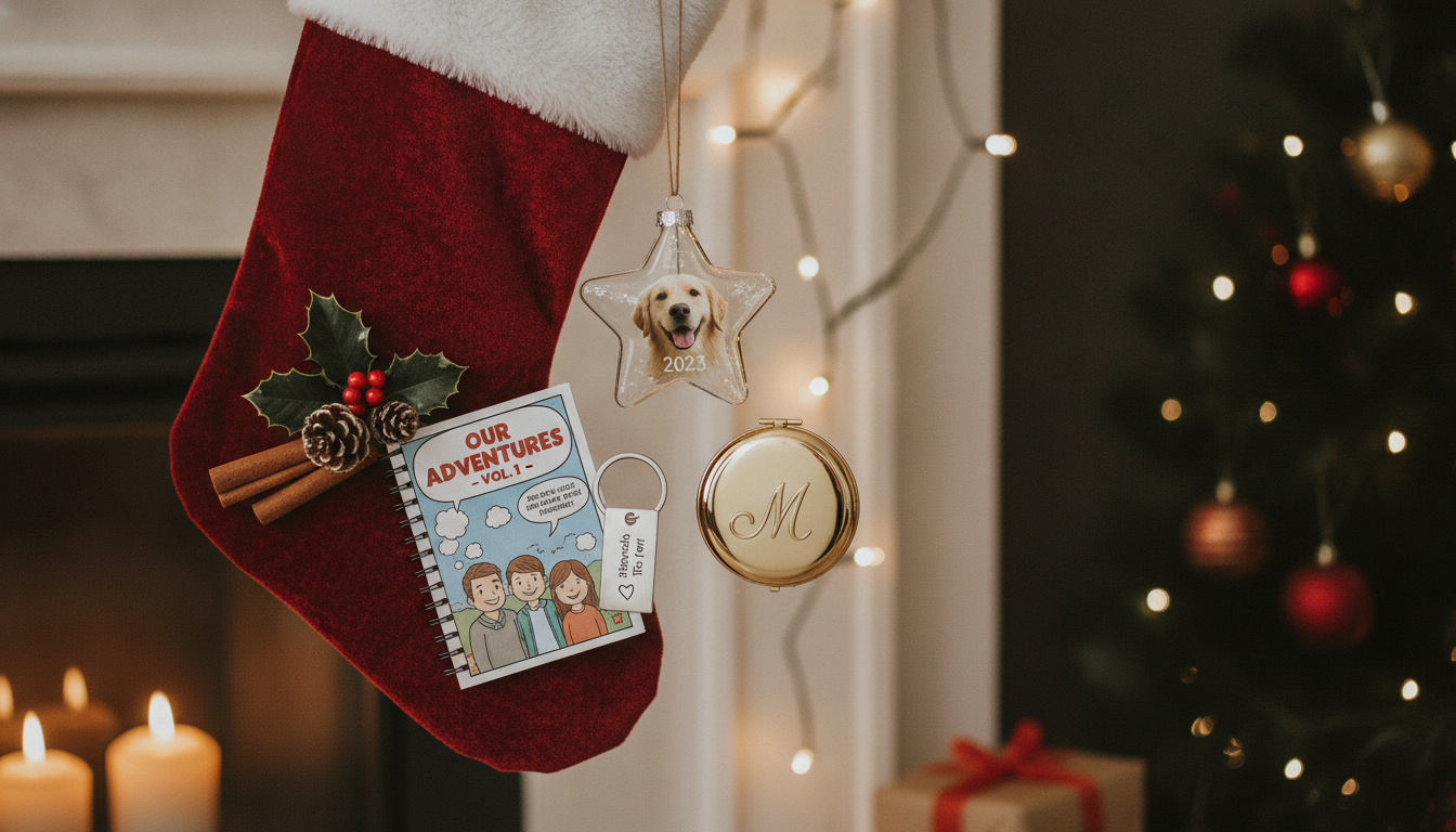 Personalized stocking stuffer gifts including a small custom photo comic booklet, ornament, and engraved keepsakes beside a Christmas stocking
