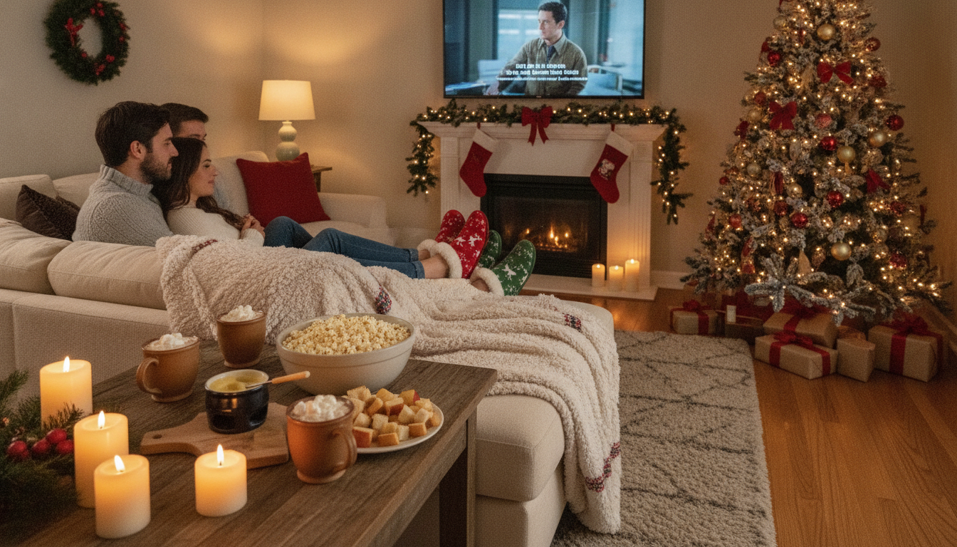Couple relaxing on the sofa during a cozy Christmas movie night
