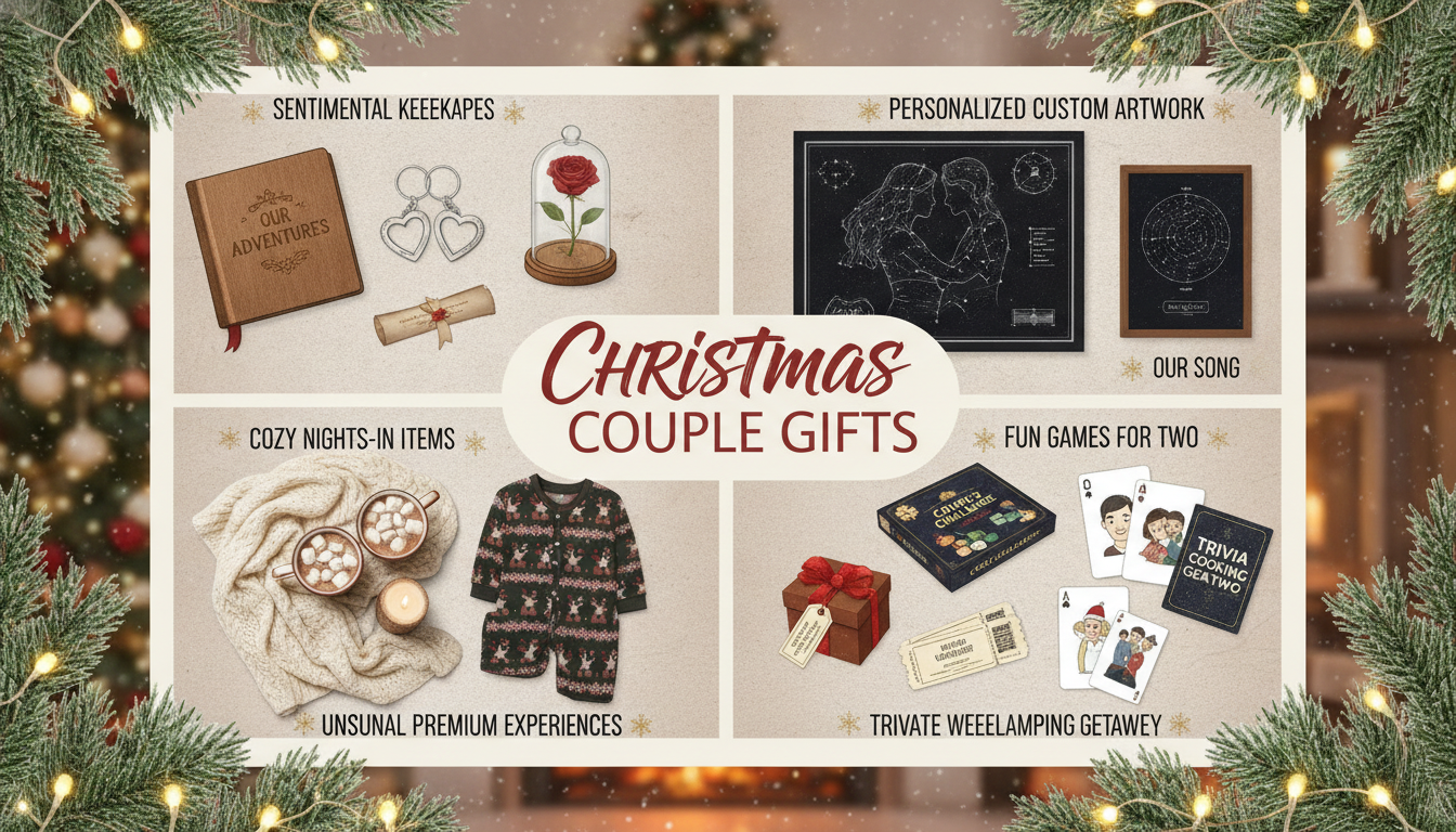 Editorial collage showing different categories of Christmas gift ideas for couples