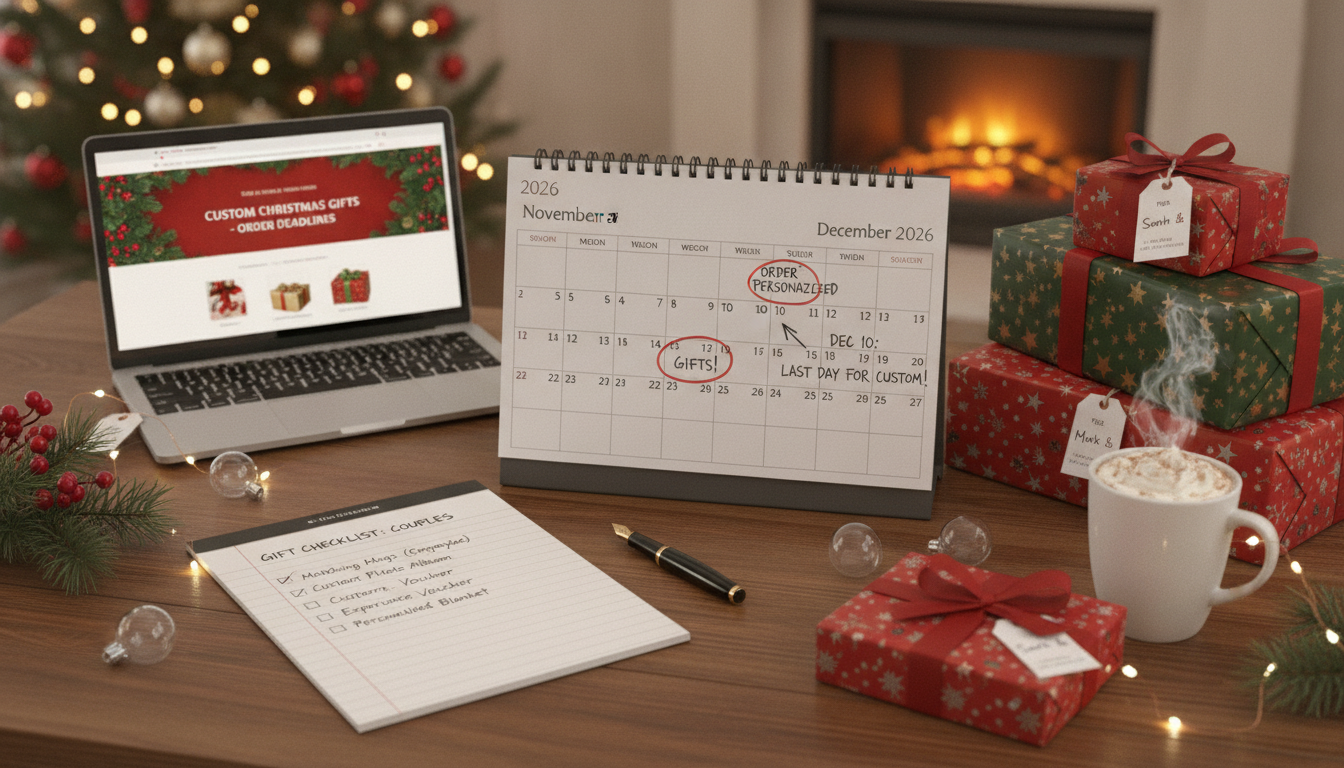Holiday planning calendar showing late November and December ordering timeline for couple gifts