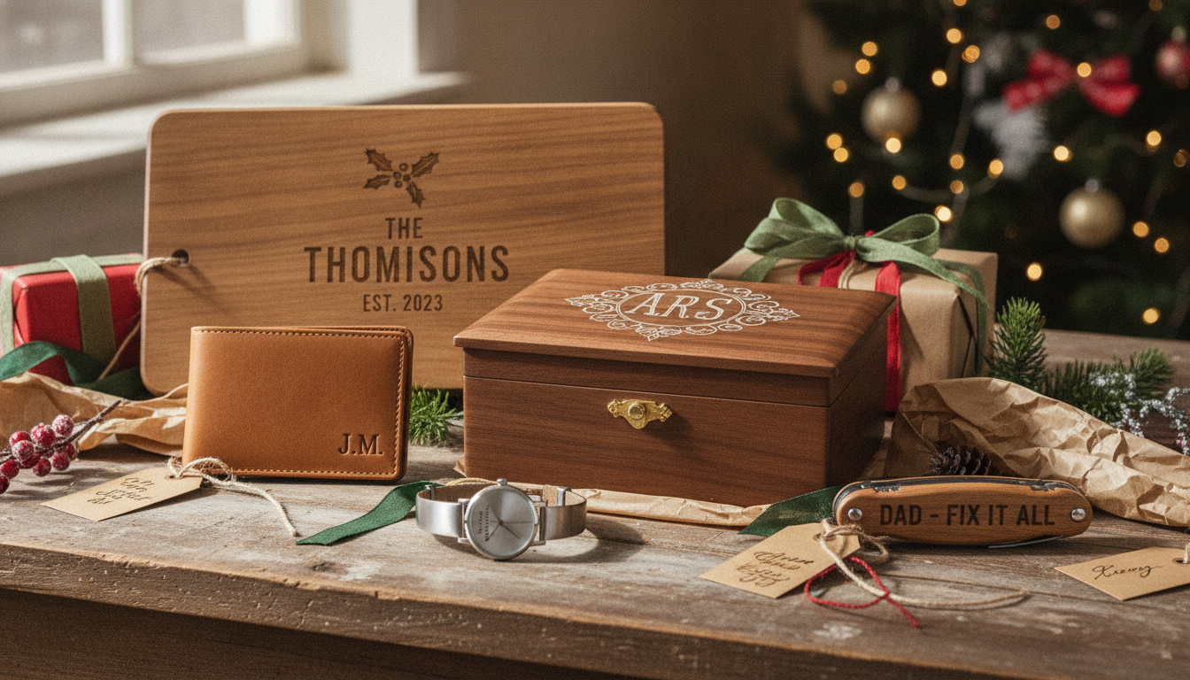 Assortment of personalized Christmas gifts including engraved jewelry box, monogrammed wallet, custom cutting board, watch, and tool handle