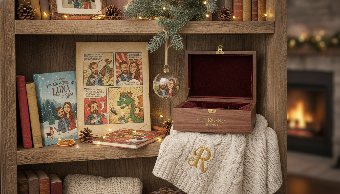 Holiday collage of photo gifts and keepsakes including custom comic book pages, personalized storybook, engraved box, monogrammed blanket, and photo ornament