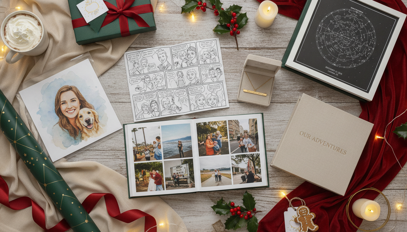 Personalized sentimental Christmas gifts including custom comic pages jewelry photo book star map and portrait