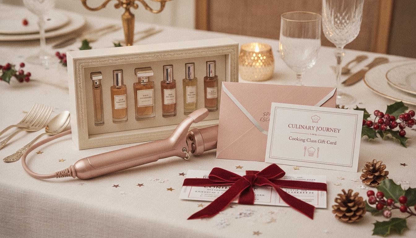 Beauty and experience Christmas gift ideas including fragrance set hair tool spa voucher cooking class and tickets