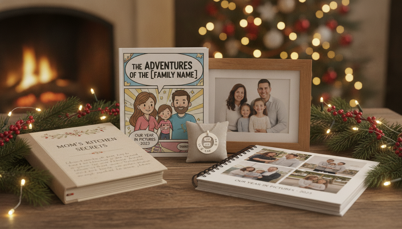 Personalized Christmas gifts for mom including a custom comic book, engraved jewelry, photo book, recipe book, and family portrait