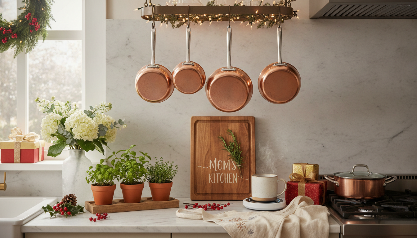 Christmas kitchen and home gift ideas for mom including cookware, personalized cutting board, mug warmer, apron, and herb garden