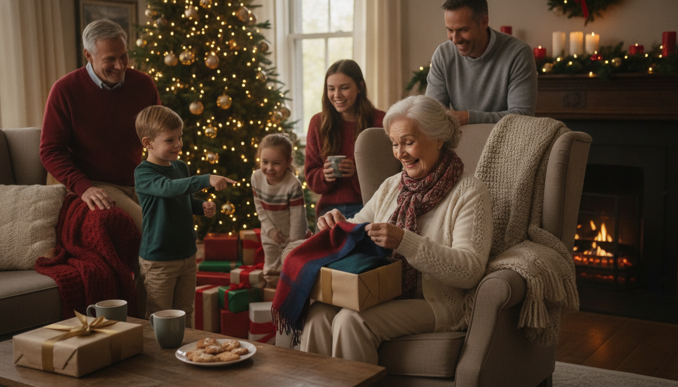 Grandmother opening a thoughtful Christmas gift with family in a cozy living room