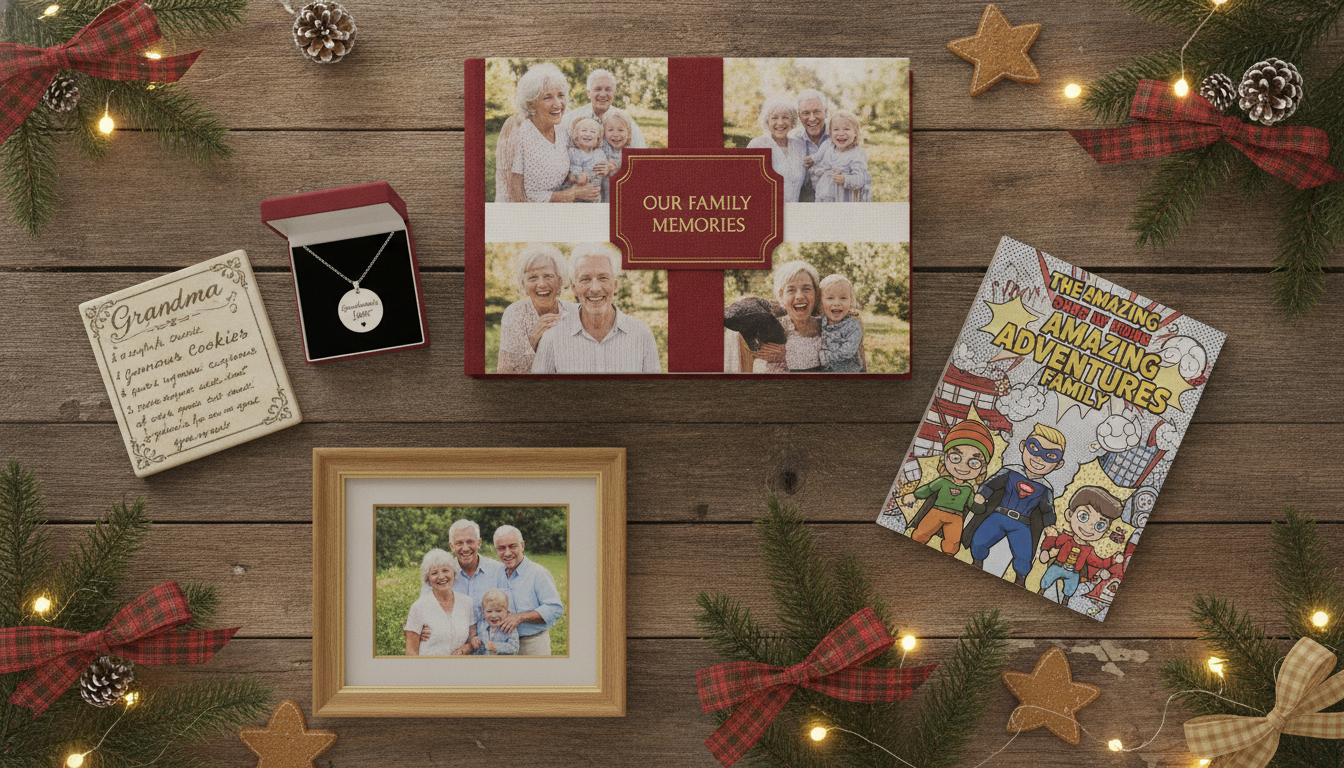 Flat lay of sentimental Christmas gifts for grandmother including keepsakes, photos, and a printed comic gift