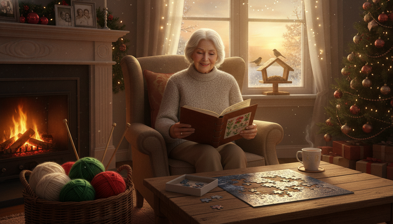 Grandmother enjoying hobby and keepsake gifts at home during Christmas with puzzle, knitting, journal, and family mementos