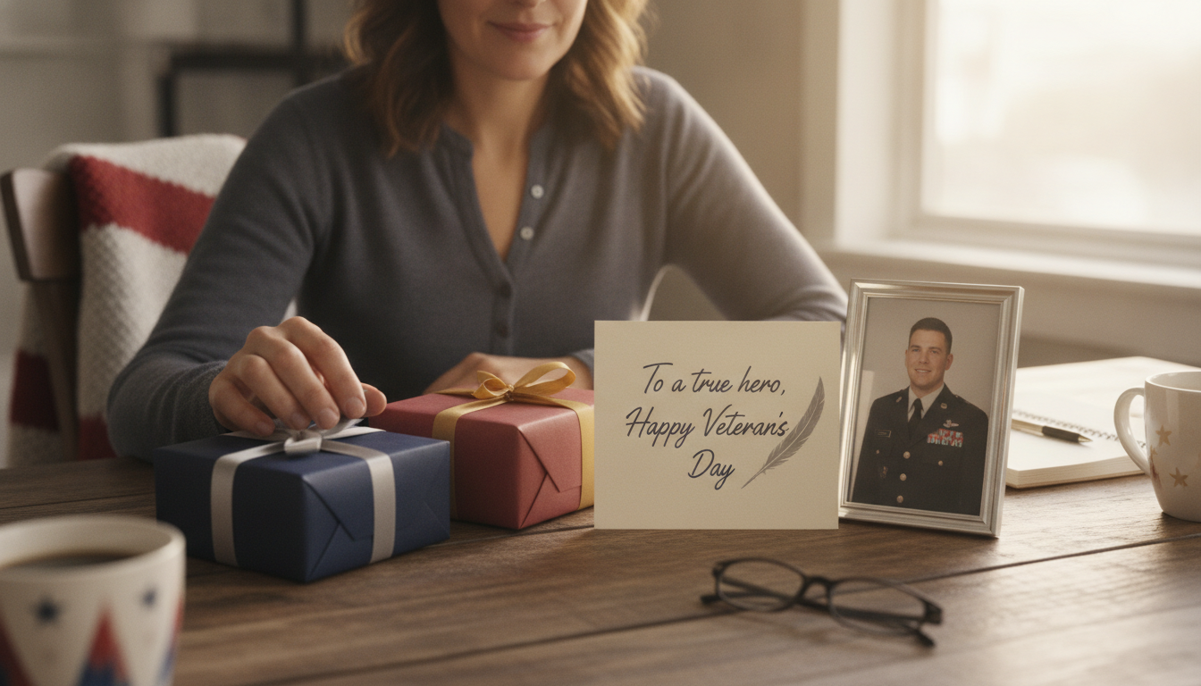 Gift shopper choosing a thoughtful Veterans Day gift beside a card and framed military photo.