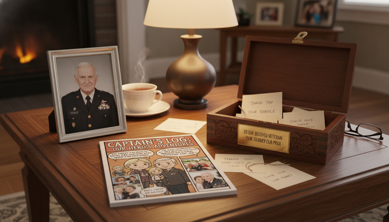 Personalized keepsake gifts for a veteran including a custom comic, framed photo, and memory notes.