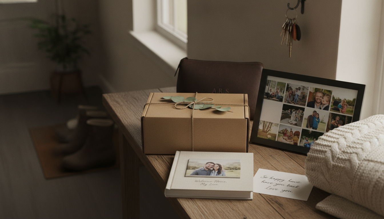 Deployment and welcome-home gift ideas arranged on a home entry table.