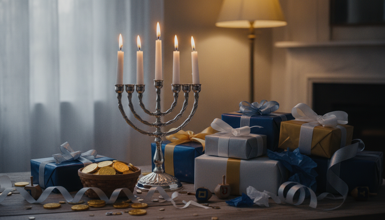 Festive Hanukkah table with a lit menorah, wrapped gifts, gelt, and elegant blue and silver holiday decor