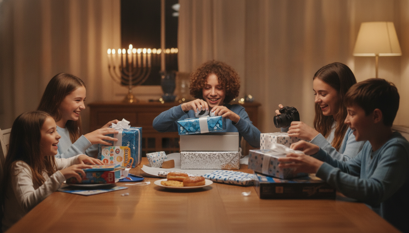 Kids and teens opening Hanukkah gifts near a glowing menorah with books, crafts, headphones, and a camera on the table