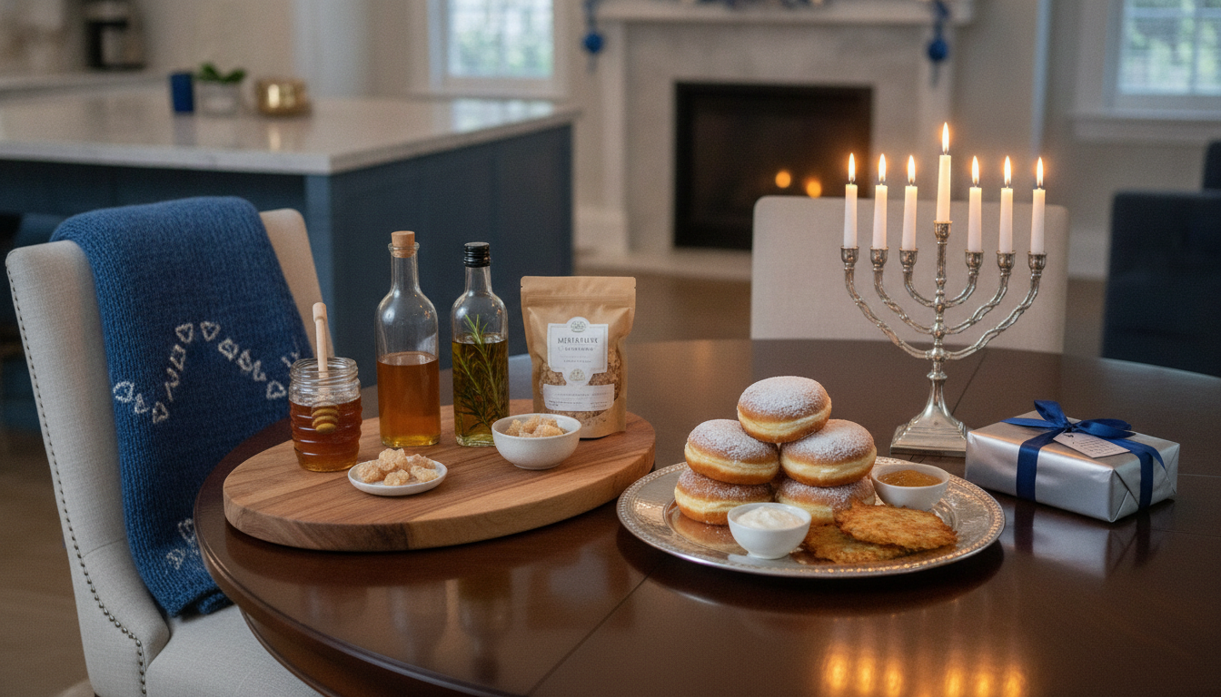 Stylish Hanukkah host gift arrangement with candles, serving board, gourmet pantry items, a throw blanket, and a lit menorah