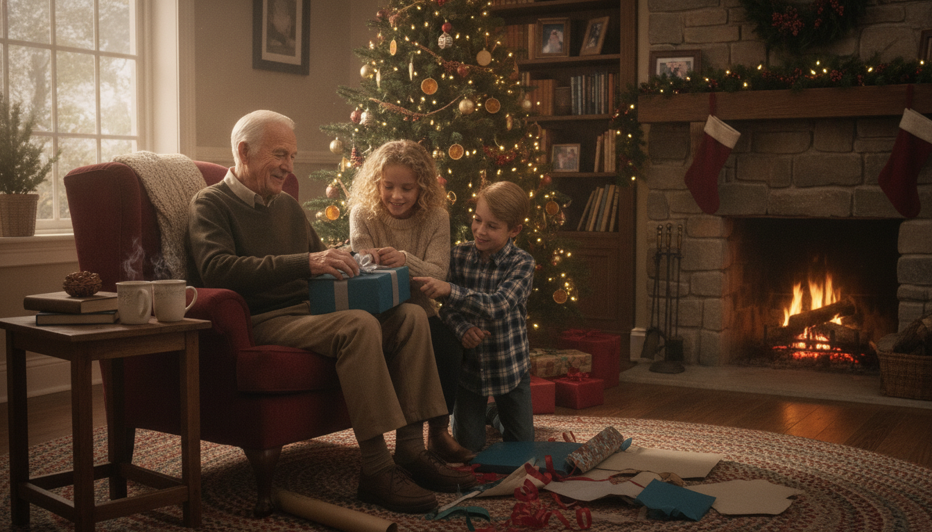 Grandfather opening a thoughtful Christmas gift from grandchildren beside a decorated tree in a cozy living room