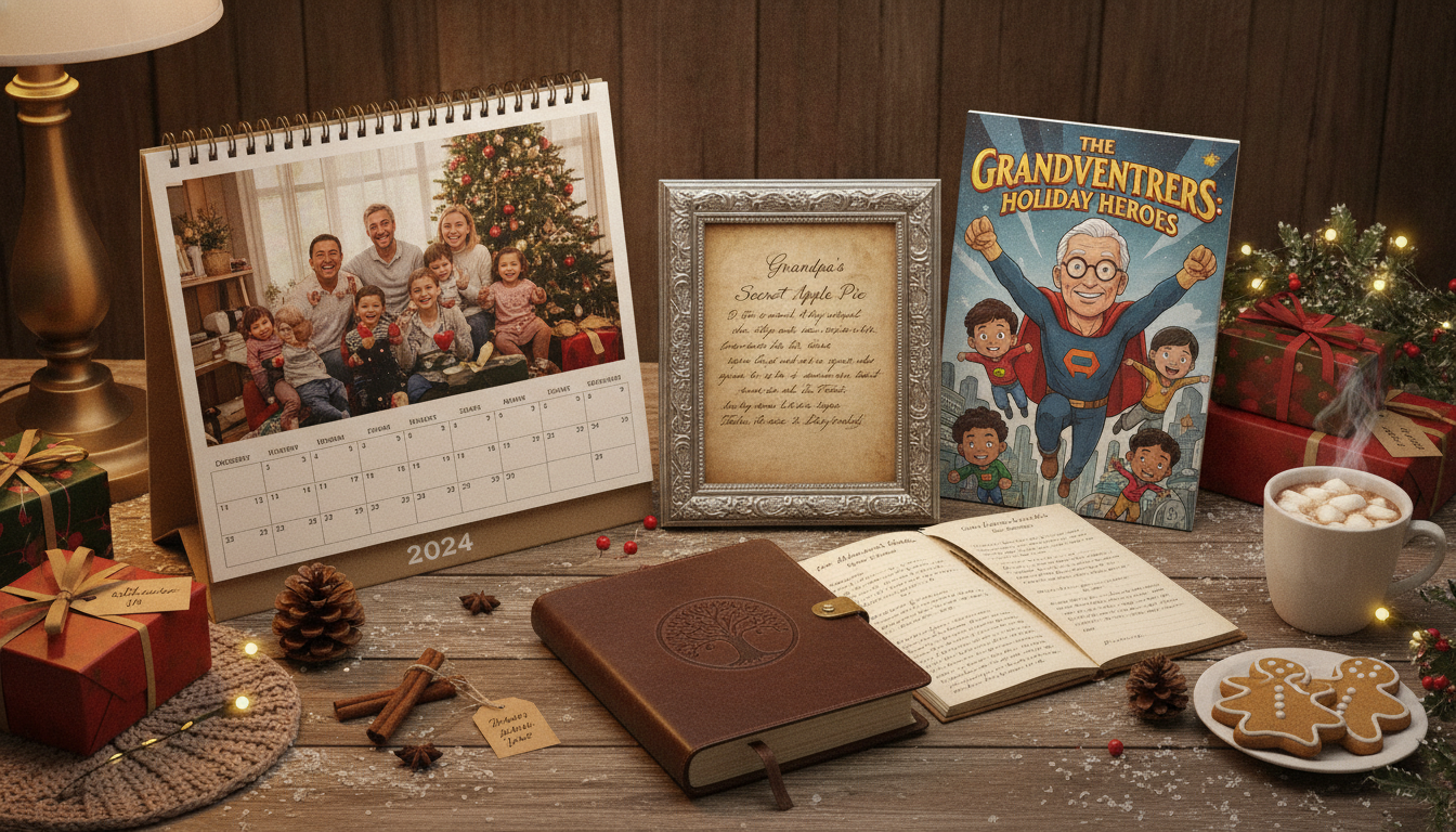 Tabletop display of sentimental Christmas gifts for grandpa including a framed handwritten recipe, memory journal, custom photo calendar, and comic book