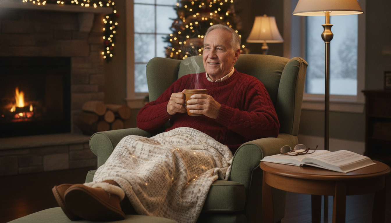 Grandfather relaxing in a chair with a heated lap blanket, supportive slippers, oversized mug, and large-print puzzle book near Christmas lights