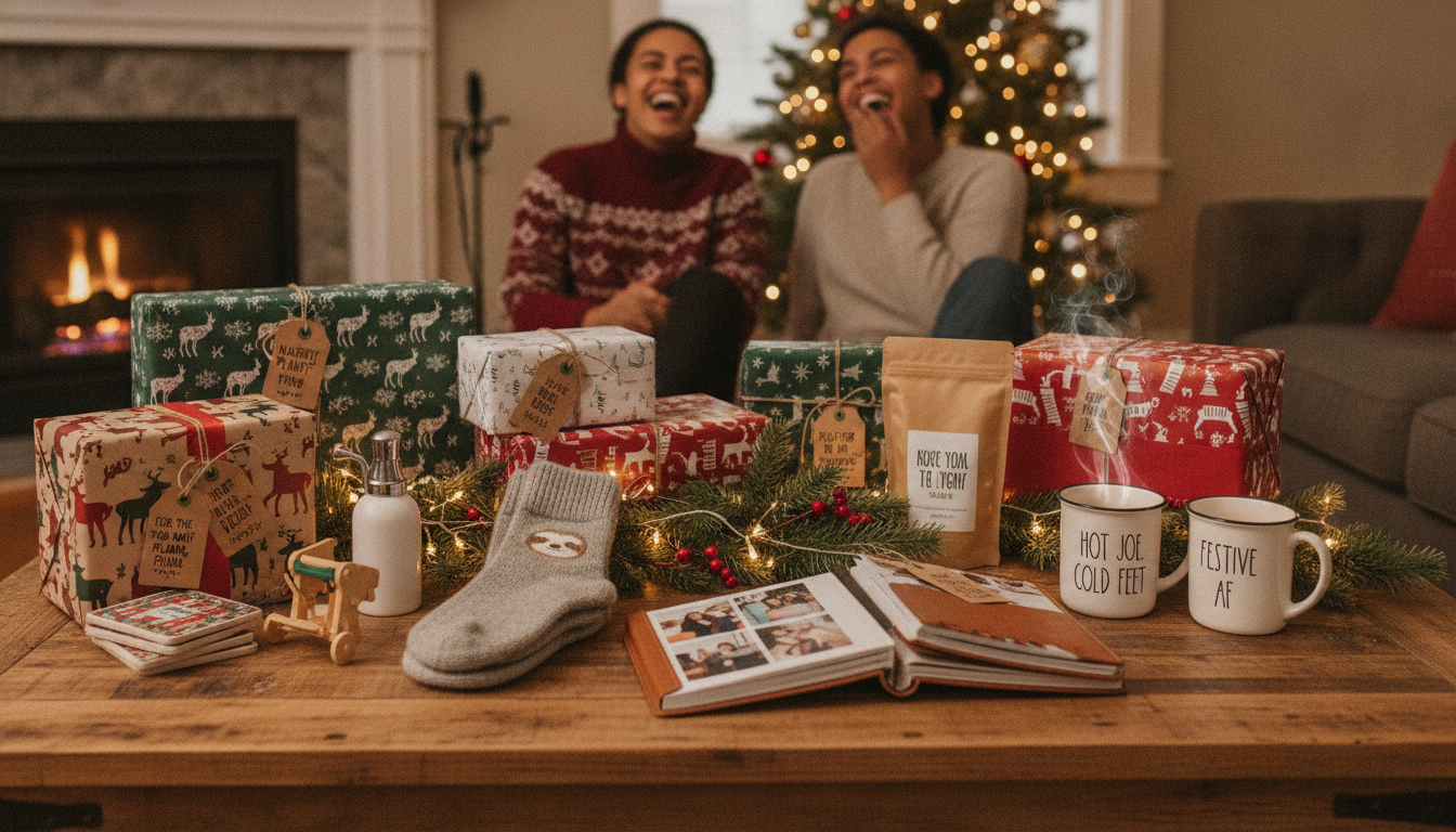 Cozy holiday table filled with funny usable Christmas gifts including mugs, socks, desk toys, and wrapped presents