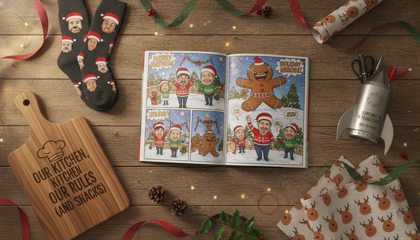Flat lay of personalized funny Christmas gifts including a printed custom comic, photo socks, engraved board, and wrapped holiday accents