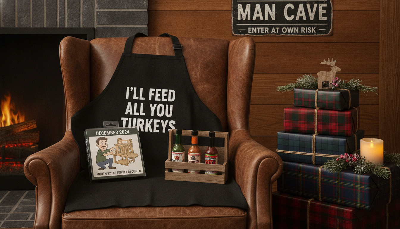 Funny Christmas gifts for men arranged in a cozy holiday setting with apron, beard bib, desk calendar, hot sauce, and garage sign
