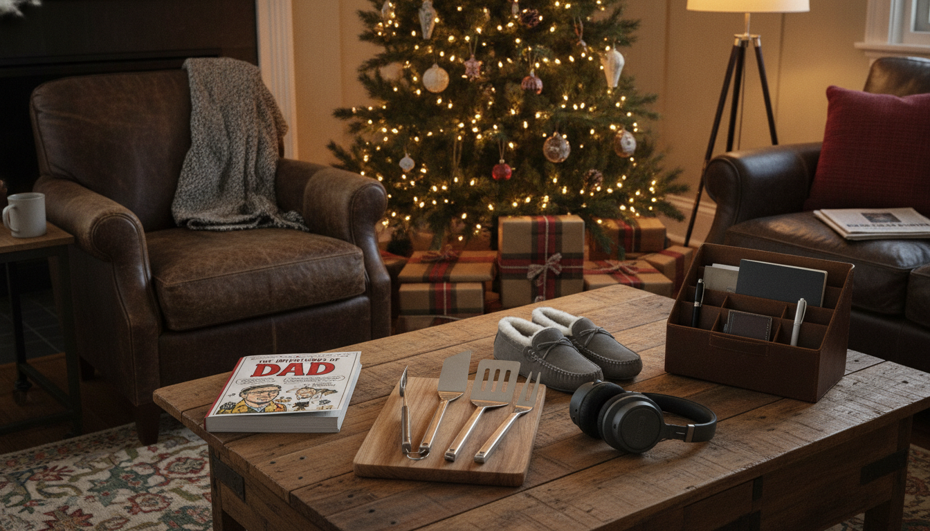 Christmas gift guide scene with practical and personalized gift ideas for dad in a warmly lit living room