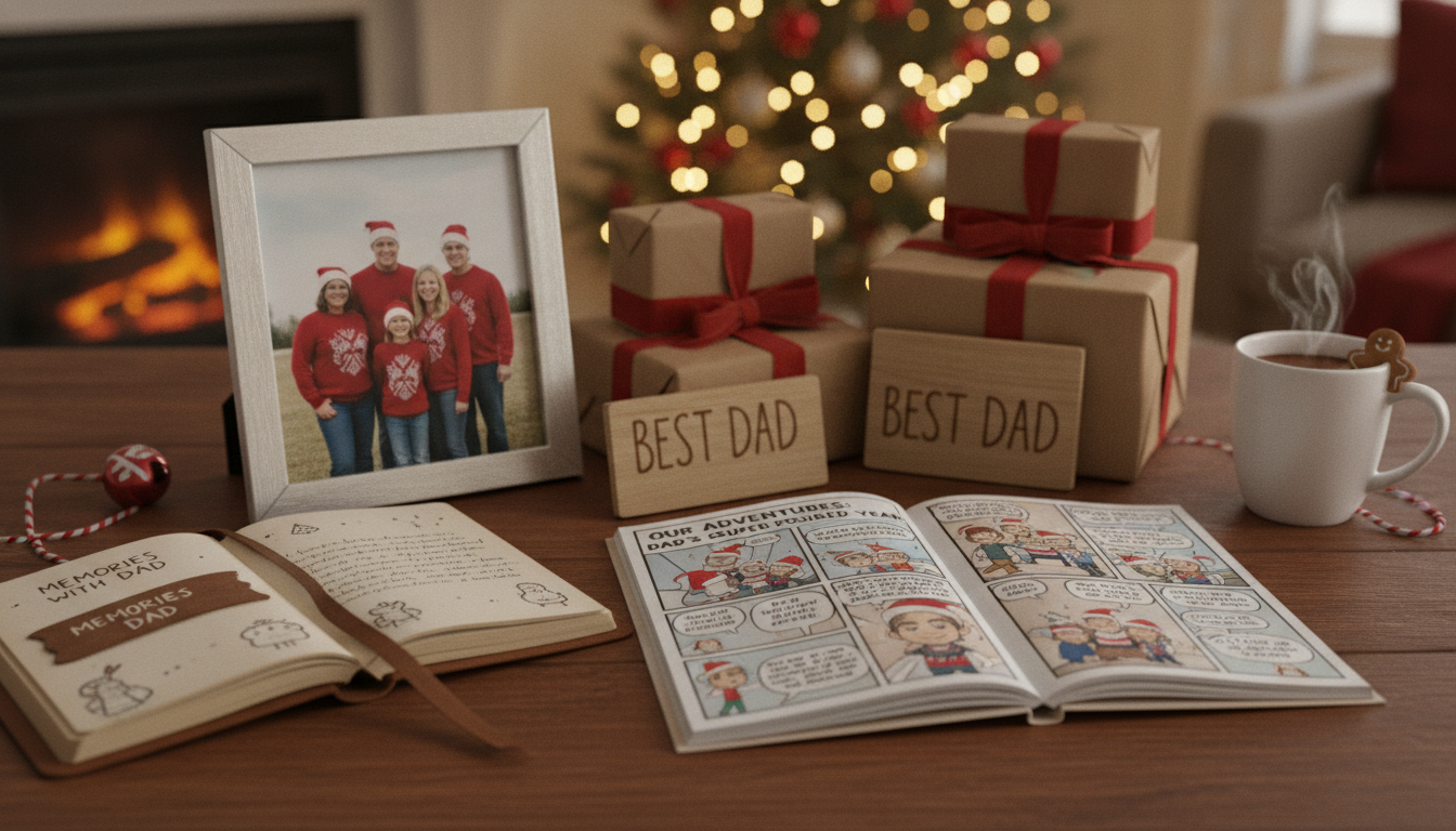 Sentimental Christmas gifts for dad including a personalized comic book, journal, framed keepsake, and wrapped presents