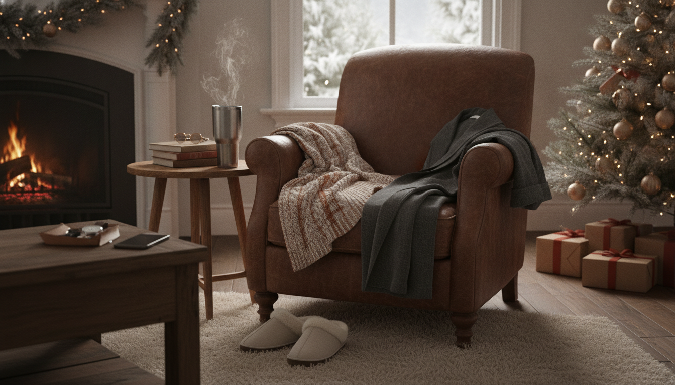 Cozy Christmas morning gifts for dad including slippers, robe, travel mug, blanket, and valet tray