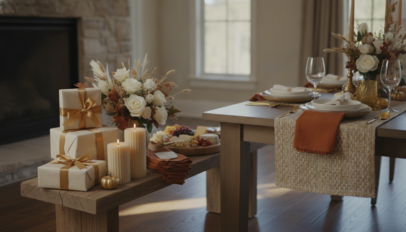 Elegant hostess gifts arranged beside a warm Thanksgiving table setting with candles, flowers, wrapped presents, and autumn decor