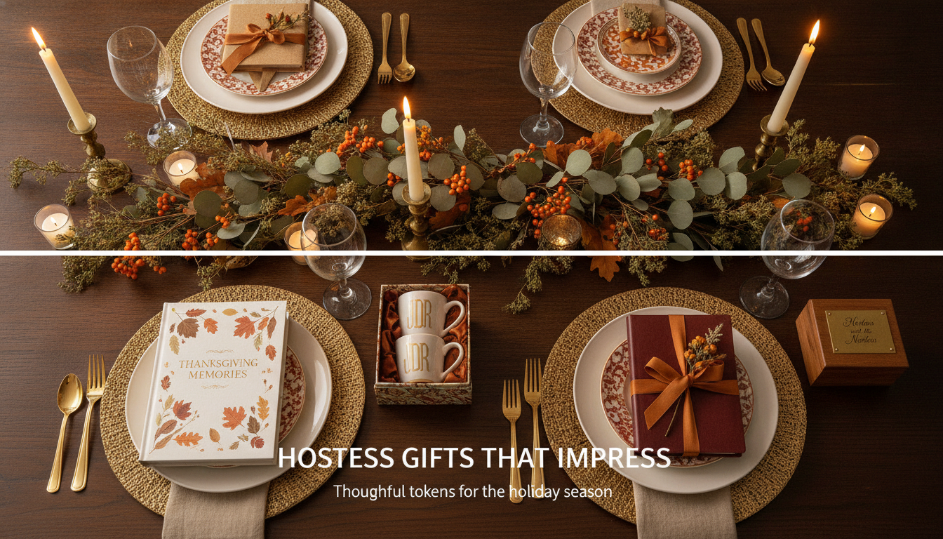 Personalized hostess gifts on a Thanksgiving table setting including a custom illustrated book, keepsakes, ribbon-tied journal, candles, and autumn place settings