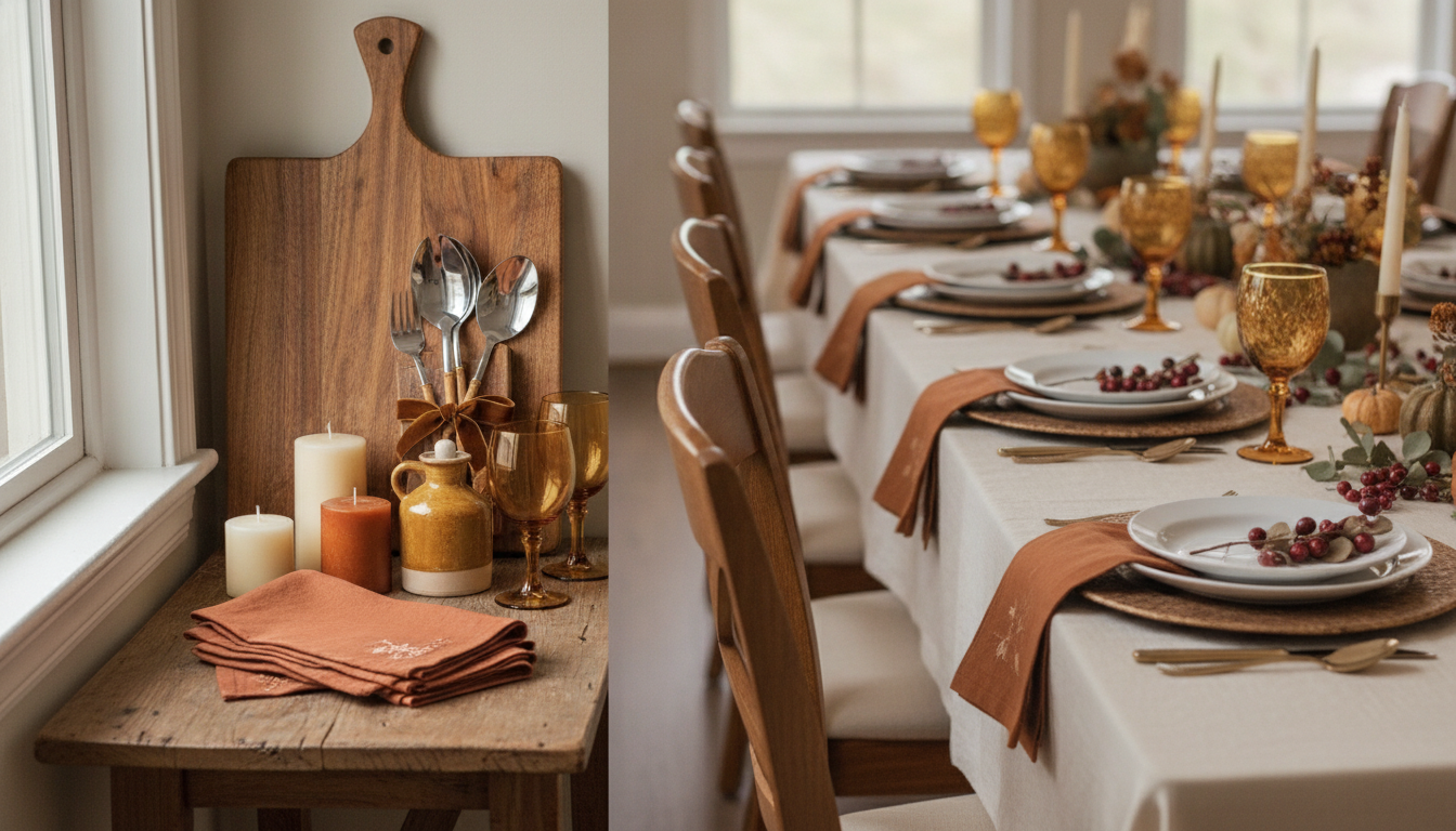 Kitchen and entertaining hostess gifts near a Thanksgiving table setting with a wooden serving board, elegant utensils, linen napkins, glassware, and candles